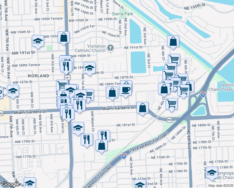 map of restaurants, bars, coffee shops, grocery stores, and more near 18403 Northeast 1st Avenue in Miami