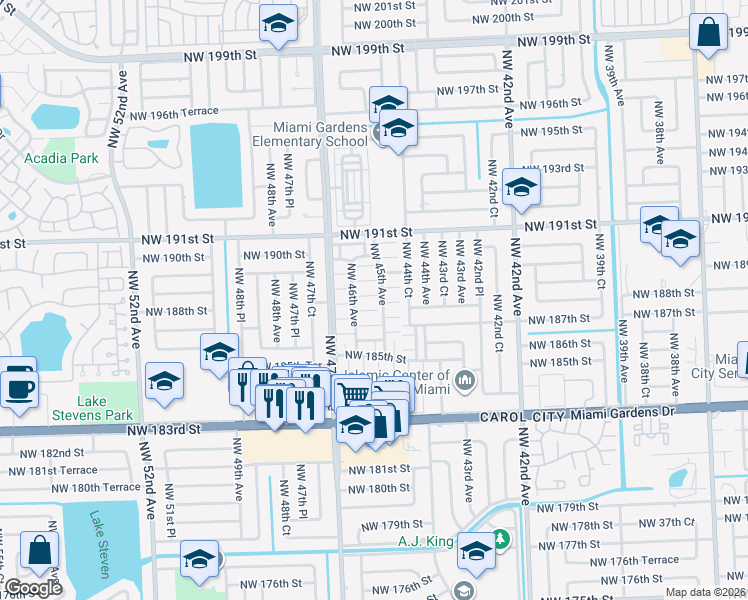 map of restaurants, bars, coffee shops, grocery stores, and more near 18717 Northwest 46th Avenue in Miami Gardens