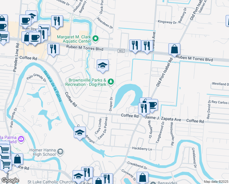 map of restaurants, bars, coffee shops, grocery stores, and more near 110 Draper Drive in Brownsville