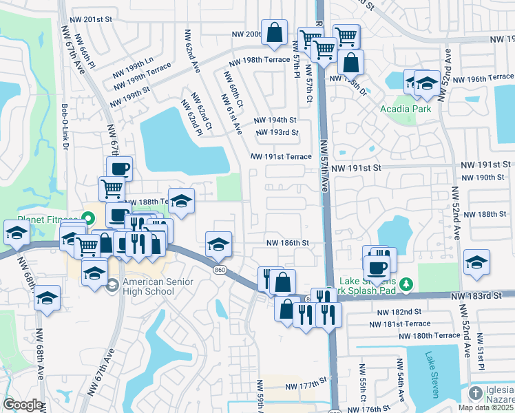 map of restaurants, bars, coffee shops, grocery stores, and more near 18875 Northwest 62nd Avenue in Hialeah