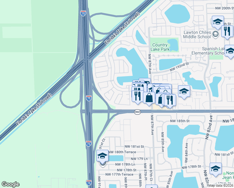 map of restaurants, bars, coffee shops, grocery stores, and more near 18801 Northwest 89th Place in Hialeah