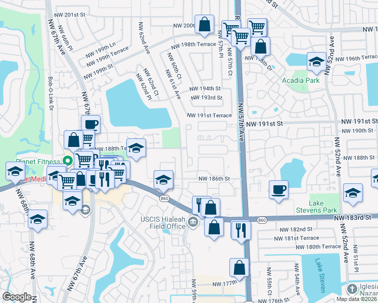 map of restaurants, bars, coffee shops, grocery stores, and more near 18785 Northwest 62nd Avenue in Hialeah