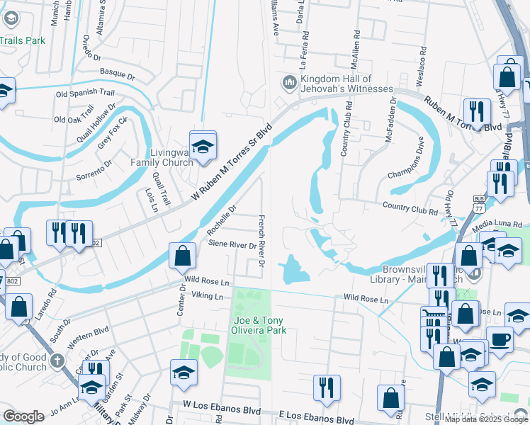 map of restaurants, bars, coffee shops, grocery stores, and more near 1230 French River Drive in Brownsville