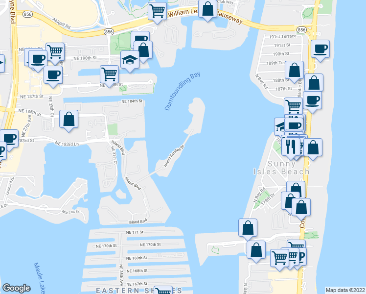 map of restaurants, bars, coffee shops, grocery stores, and more near 4042 Island Estates Drive in Miami