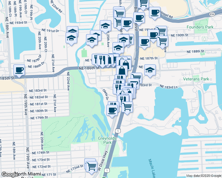 map of restaurants, bars, coffee shops, grocery stores, and more near 2507 Northeast 182nd Street in North Miami Beach
