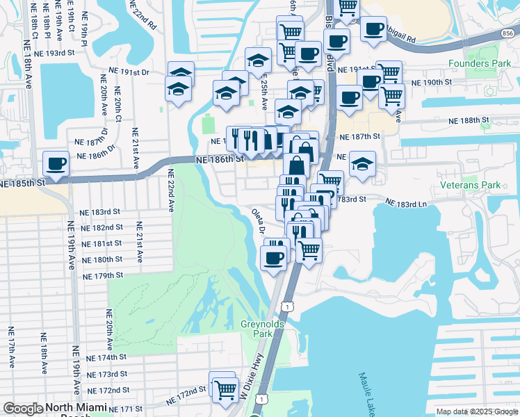 map of restaurants, bars, coffee shops, grocery stores, and more near 2507 Northeast 182nd Street in North Miami Beach