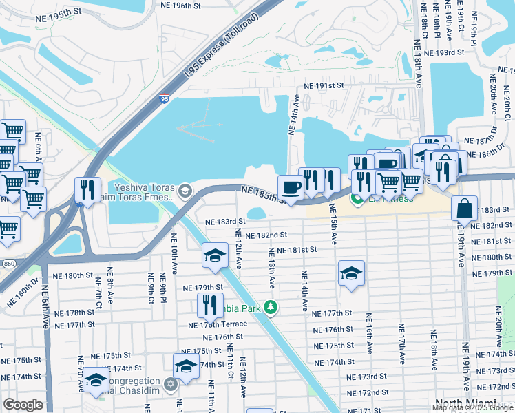 map of restaurants, bars, coffee shops, grocery stores, and more near 1282 Northeast 183rd Street in North Miami Beach