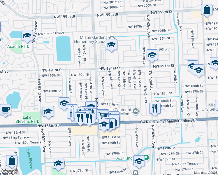 map of restaurants, bars, coffee shops, grocery stores, and more near 18717 Northwest 46th Avenue in Miami Gardens