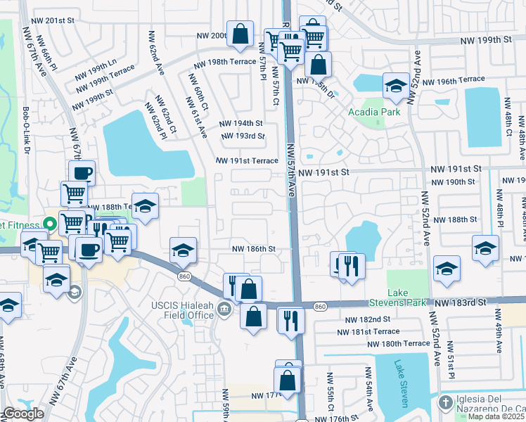 map of restaurants, bars, coffee shops, grocery stores, and more near 6135 Northwest 186th Street in Hialeah