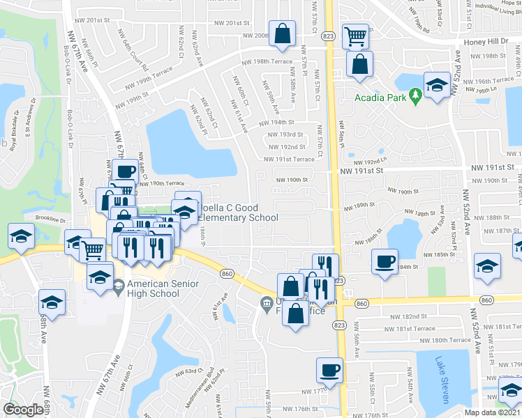 map of restaurants, bars, coffee shops, grocery stores, and more near 18785 Northwest 62nd Avenue in Hialeah