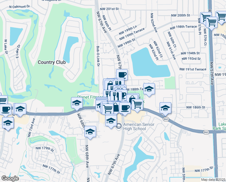 map of restaurants, bars, coffee shops, grocery stores, and more near 18656 Northwest 67th Avenue in Hialeah