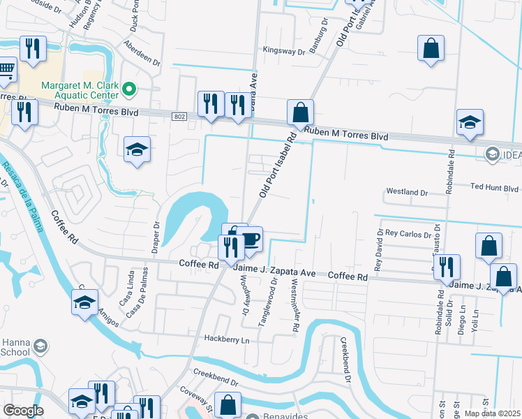 map of restaurants, bars, coffee shops, grocery stores, and more near 2001 Old Port Isabel Road in Brownsville