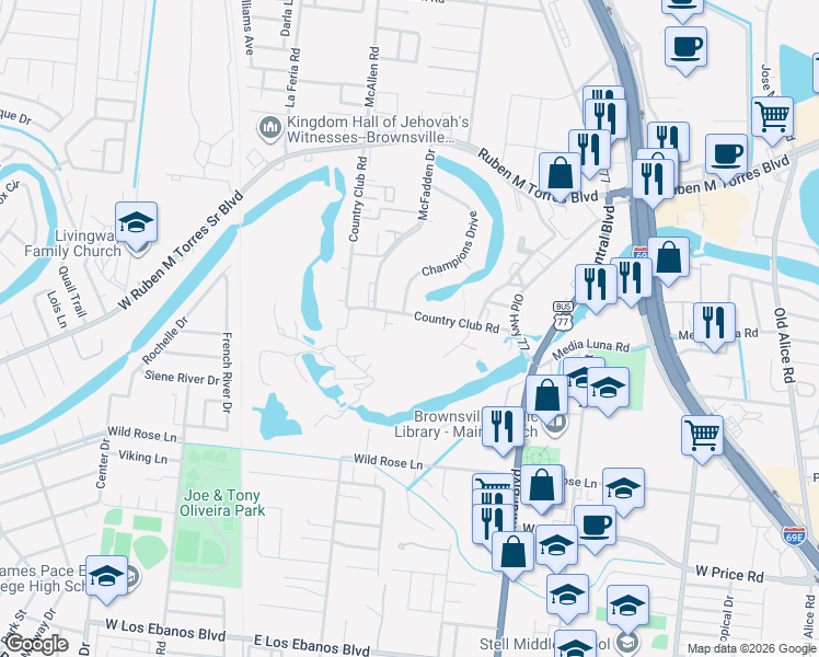map of restaurants, bars, coffee shops, grocery stores, and more near 33 Country Club Road in Brownsville