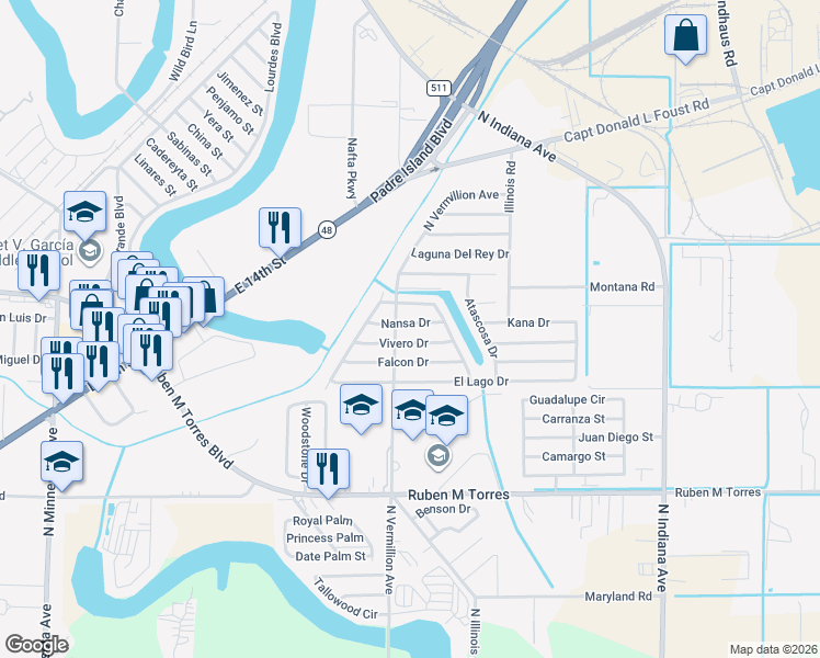 map of restaurants, bars, coffee shops, grocery stores, and more near 6906 Vivero Drive in Brownsville