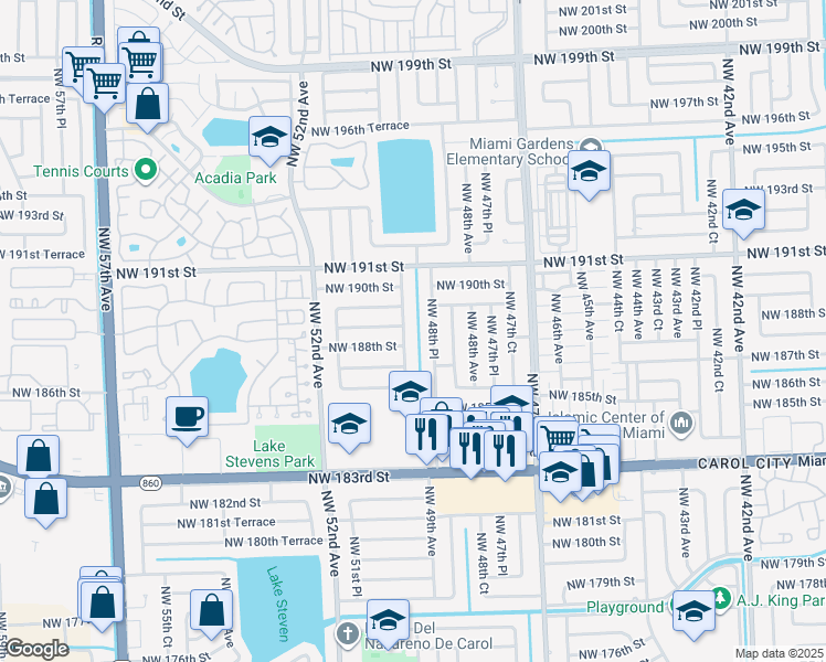 map of restaurants, bars, coffee shops, grocery stores, and more near in Miami Gardens