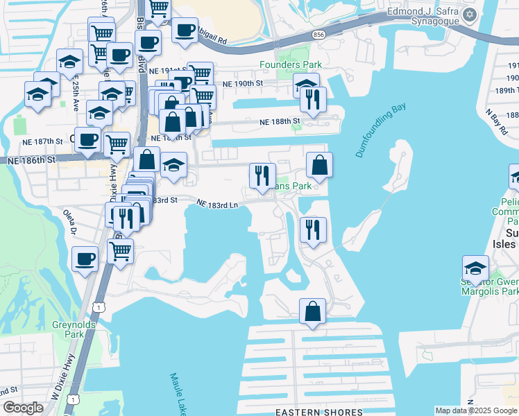 map of restaurants, bars, coffee shops, grocery stores, and more near 18181 Northeast 31st Court in Aventura