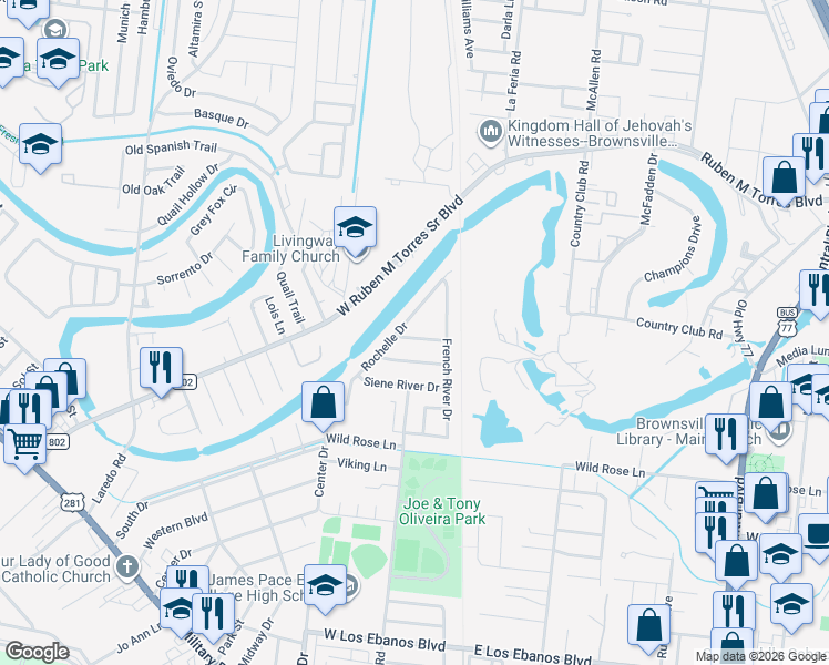 map of restaurants, bars, coffee shops, grocery stores, and more near 1003 Valley River in Brownsville