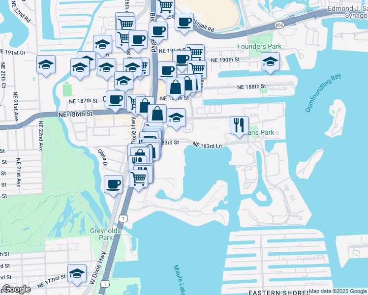 map of restaurants, bars, coffee shops, grocery stores, and more near 2780 Northeast 183rd Street in Aventura