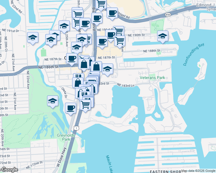map of restaurants, bars, coffee shops, grocery stores, and more near 2750 Northeast 183rd Street in Aventura