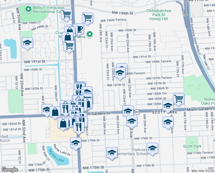 map of restaurants, bars, coffee shops, grocery stores, and more near 18542 Northwest 23rd Court in Miami Gardens