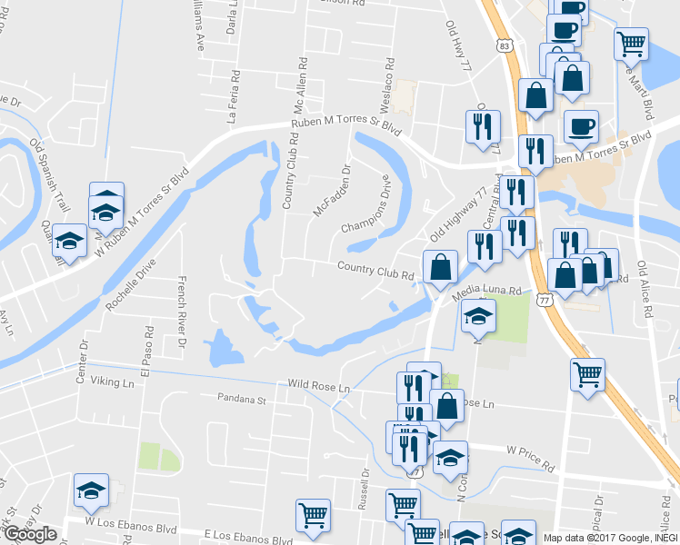 map of restaurants, bars, coffee shops, grocery stores, and more near 33 Country Club Road in Brownsville