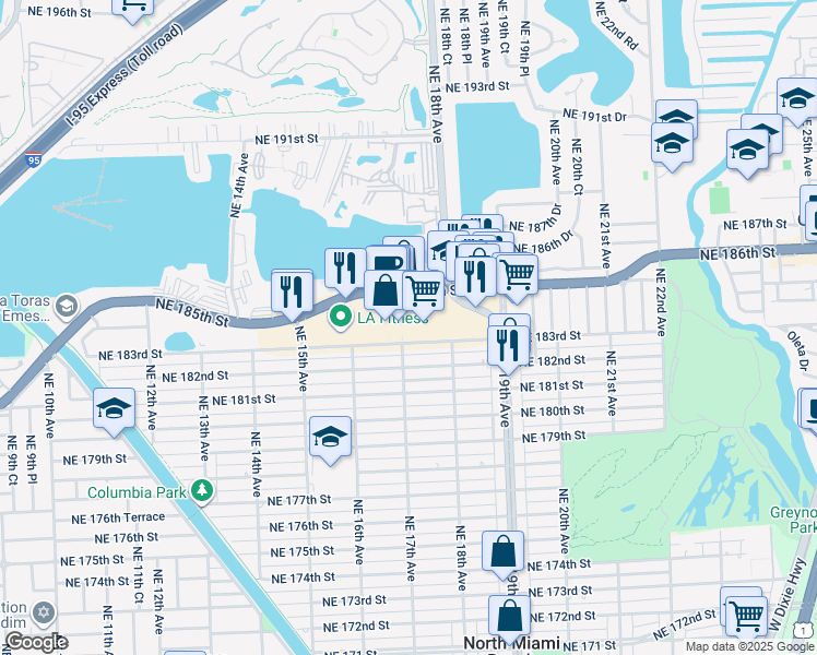 map of restaurants, bars, coffee shops, grocery stores, and more near 1744 Northeast 183rd Street in North Miami Beach