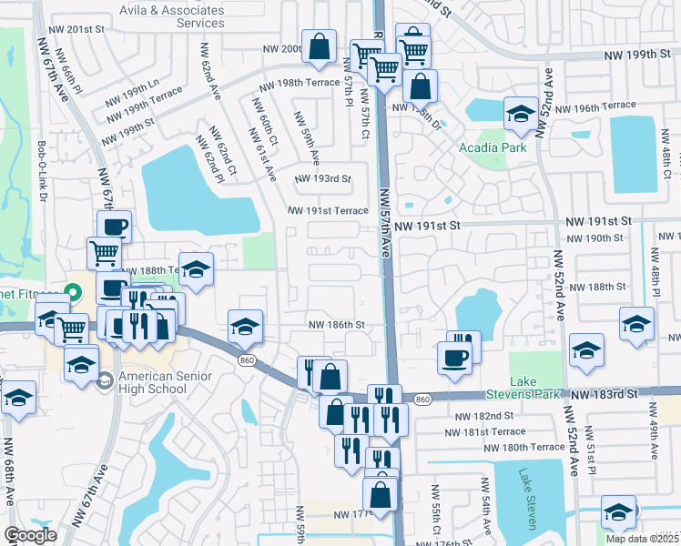 map of restaurants, bars, coffee shops, grocery stores, and more near 6135 Northwest 186th Street in Hialeah