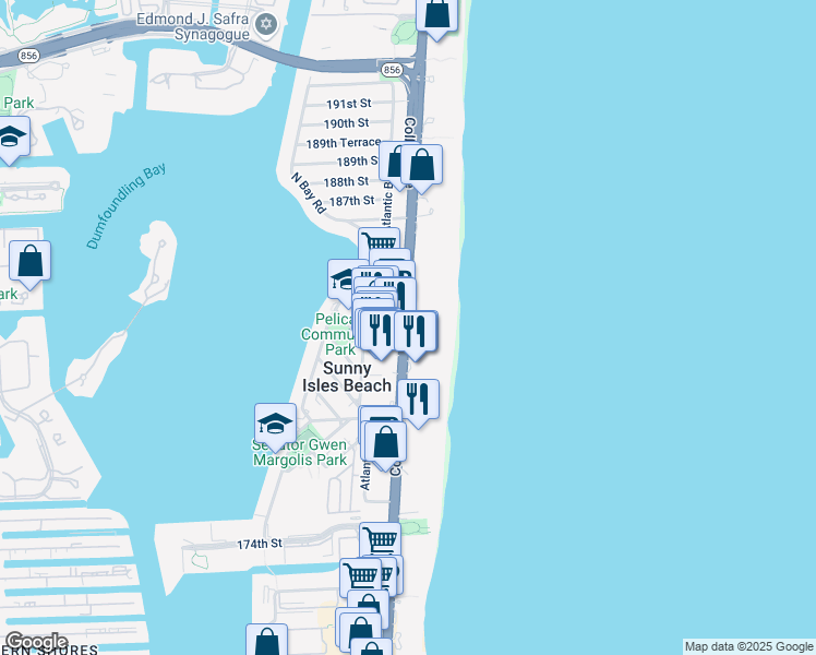 map of restaurants, bars, coffee shops, grocery stores, and more near 18108 Collins Avenue in North Miami Beach