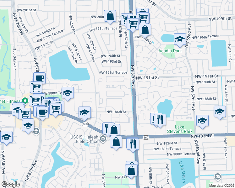 map of restaurants, bars, coffee shops, grocery stores, and more near 6135 Northwest 186th Street in Hialeah