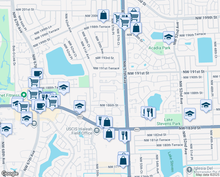 map of restaurants, bars, coffee shops, grocery stores, and more near 6135 Northwest 186th Street in Hialeah