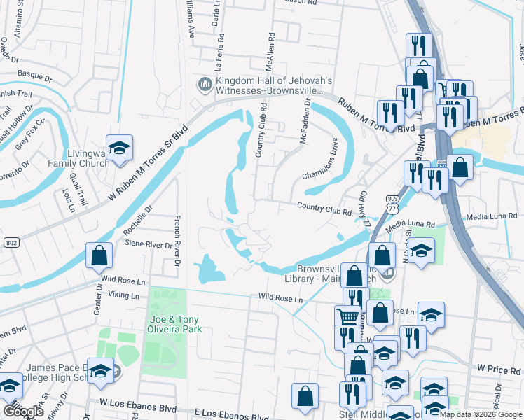 map of restaurants, bars, coffee shops, grocery stores, and more near 8 Country Club Circle in Brownsville