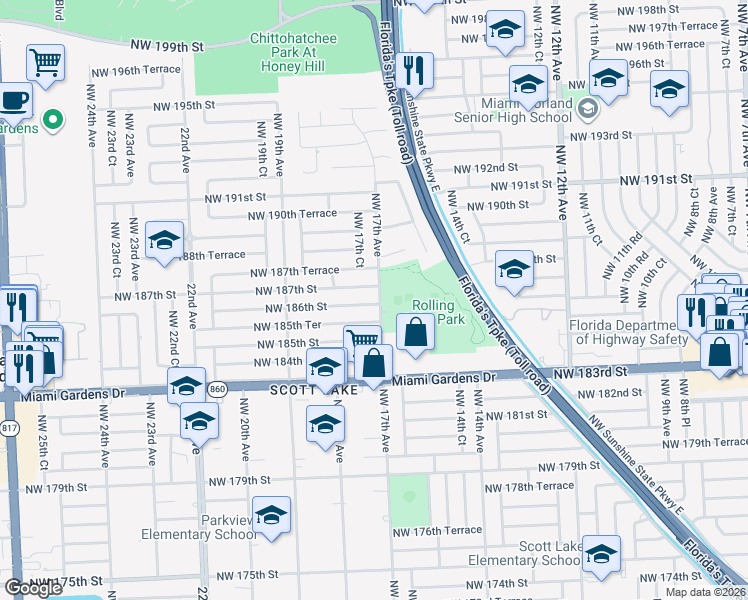 map of restaurants, bars, coffee shops, grocery stores, and more near 1701 Northwest 186th Street in Miami Gardens