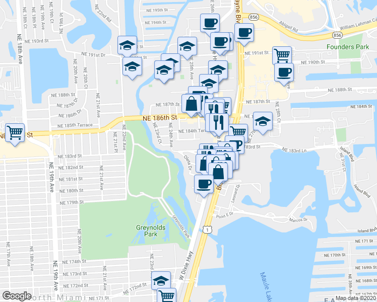map of restaurants, bars, coffee shops, grocery stores, and more near 2507 Northeast 182nd Street in North Miami Beach