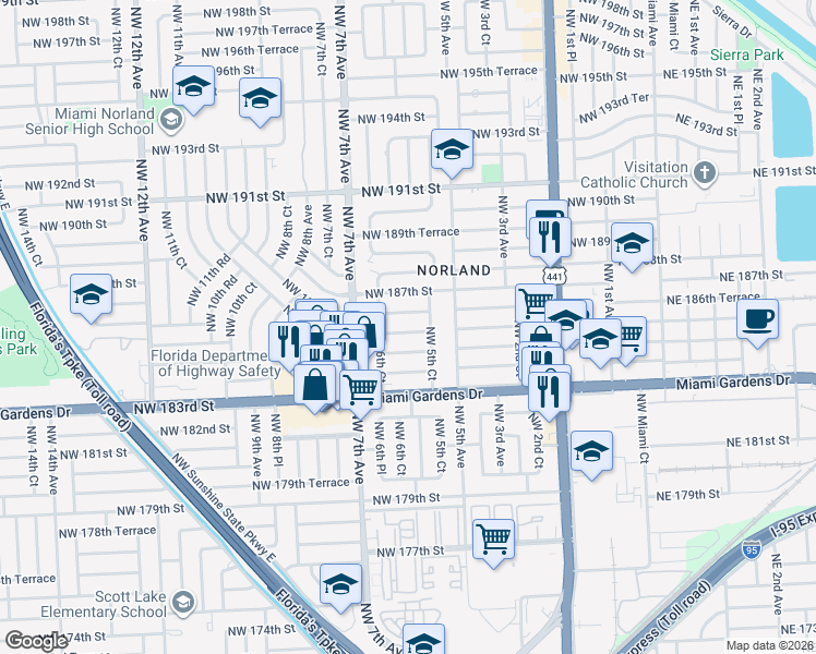 map of restaurants, bars, coffee shops, grocery stores, and more near 571 Northwest 184th Terrace in Miami