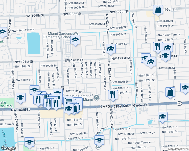 map of restaurants, bars, coffee shops, grocery stores, and more near 4320 Northwest 187th Terrace in Miami Gardens