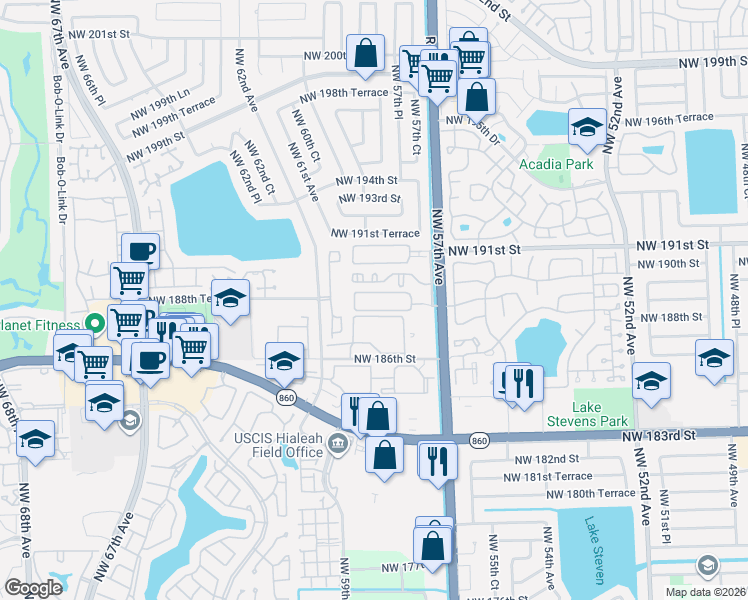 map of restaurants, bars, coffee shops, grocery stores, and more near 6135 Northwest 186th Street in Hialeah