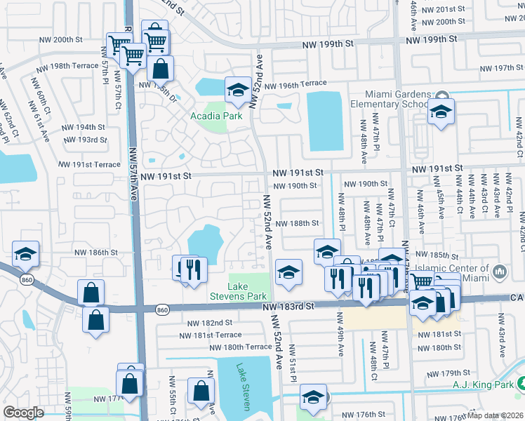 map of restaurants, bars, coffee shops, grocery stores, and more near 5201 Northwest 187th Lane in Miami Gardens