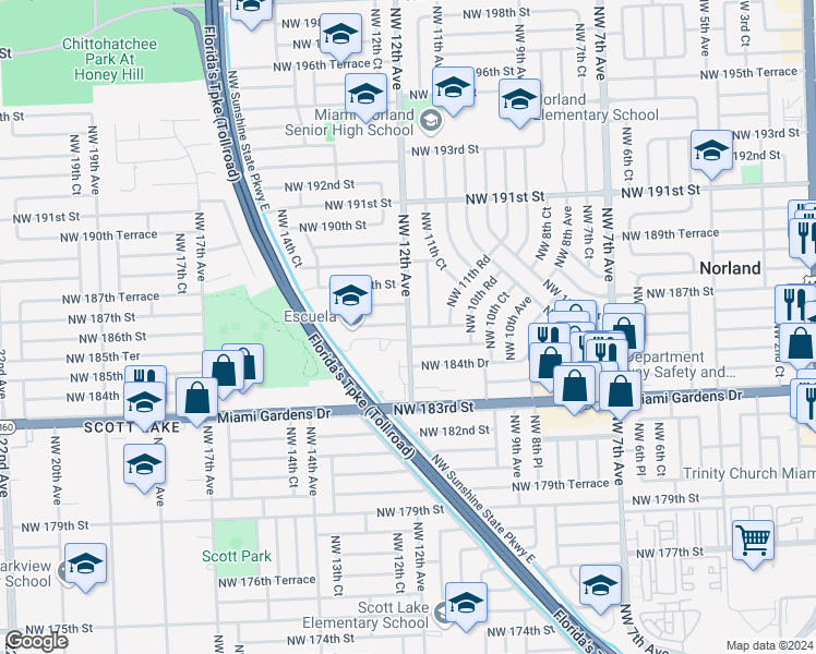 map of restaurants, bars, coffee shops, grocery stores, and more near Northwest 186th Street in Miami