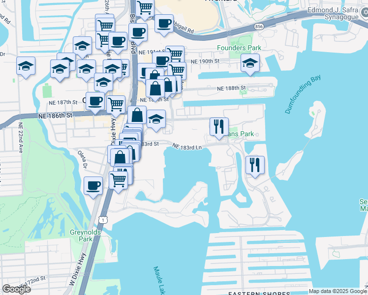 map of restaurants, bars, coffee shops, grocery stores, and more near in Aventura
