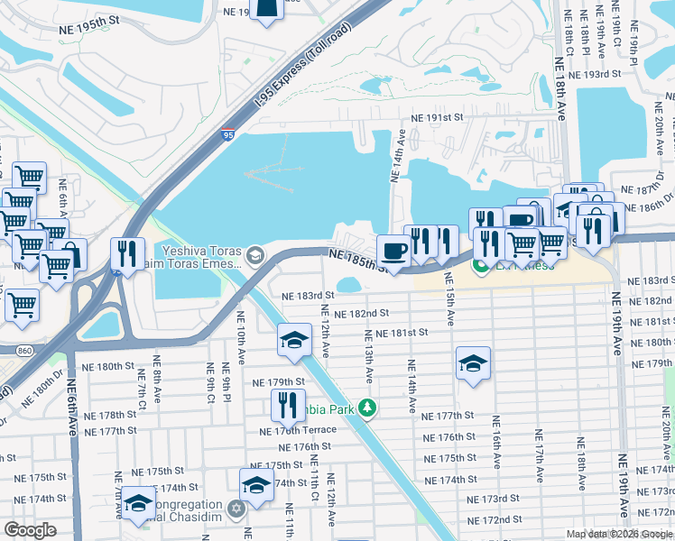map of restaurants, bars, coffee shops, grocery stores, and more near 18320 Northeast 12th Avenue in North Miami Beach