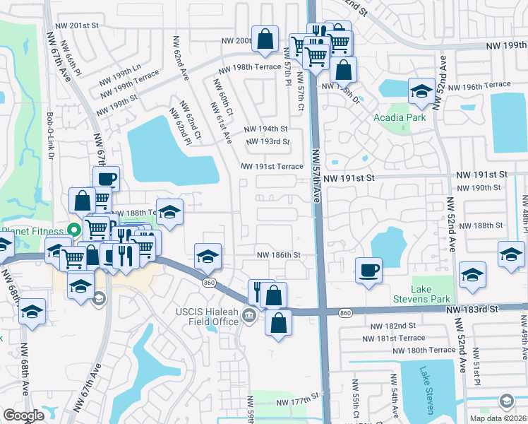 map of restaurants, bars, coffee shops, grocery stores, and more near 18936 Northwest 57th Avenue in Hialeah
