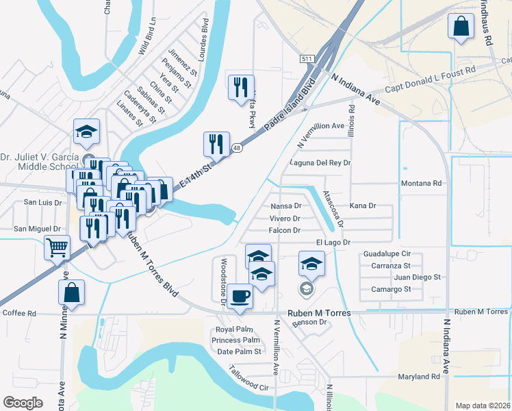 map of restaurants, bars, coffee shops, grocery stores, and more near 6855 Laguna Madre Drive in Brownsville