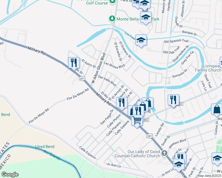 map of restaurants, bars, coffee shops, grocery stores, and more near 2185 El Camino Street in Brownsville