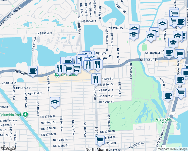 map of restaurants, bars, coffee shops, grocery stores, and more near in North Miami Beach