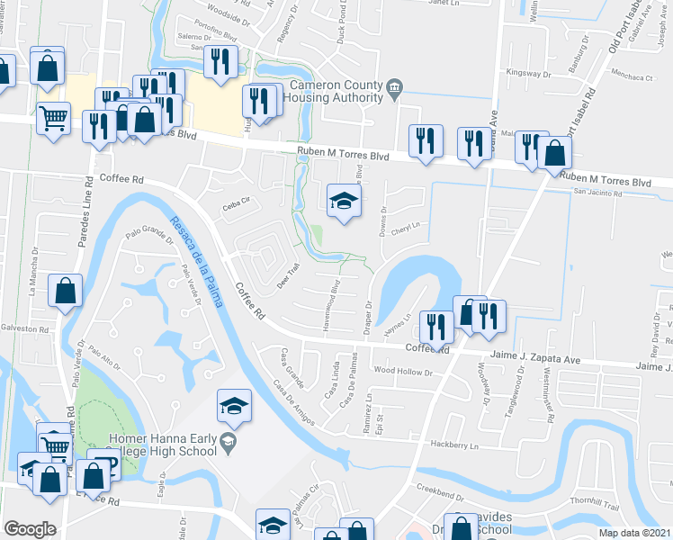map of restaurants, bars, coffee shops, grocery stores, and more near 2779 Sweet Street in Brownsville