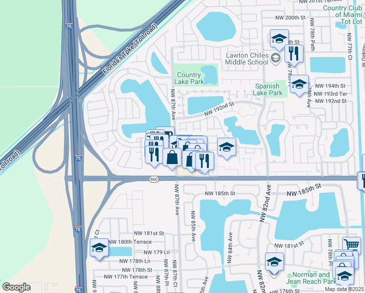 map of restaurants, bars, coffee shops, grocery stores, and more near 3606 Northwest 86th Avenue in Hialeah