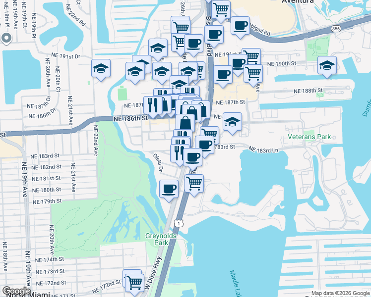 map of restaurants, bars, coffee shops, grocery stores, and more near 2555 Northeast 183rd Terrace in North Miami Beach