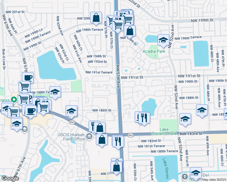 map of restaurants, bars, coffee shops, grocery stores, and more near 18942 Northwest 57th Avenue in Hialeah