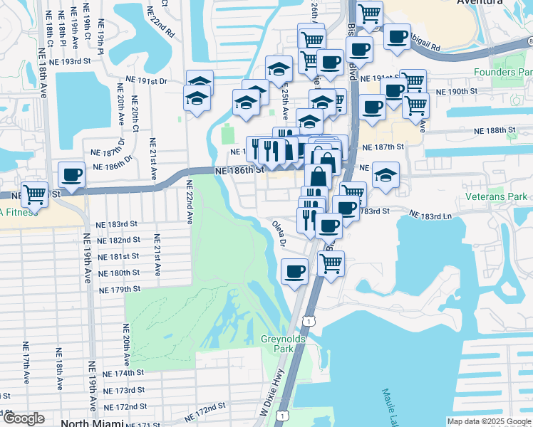 map of restaurants, bars, coffee shops, grocery stores, and more near 2425 Northeast 183rd Street in North Miami Beach