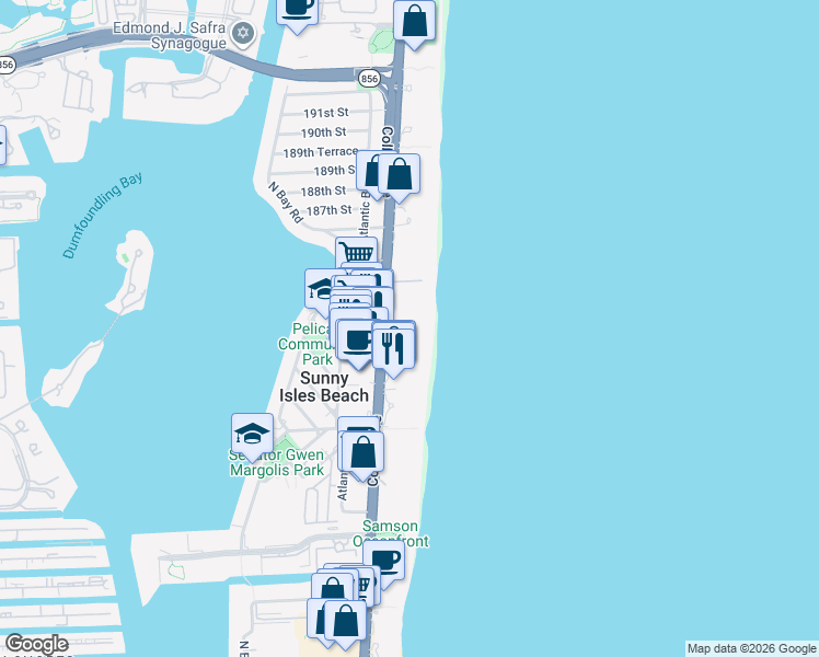 map of restaurants, bars, coffee shops, grocery stores, and more near 18325 Collins Avenue in Sunny Isles Beach
